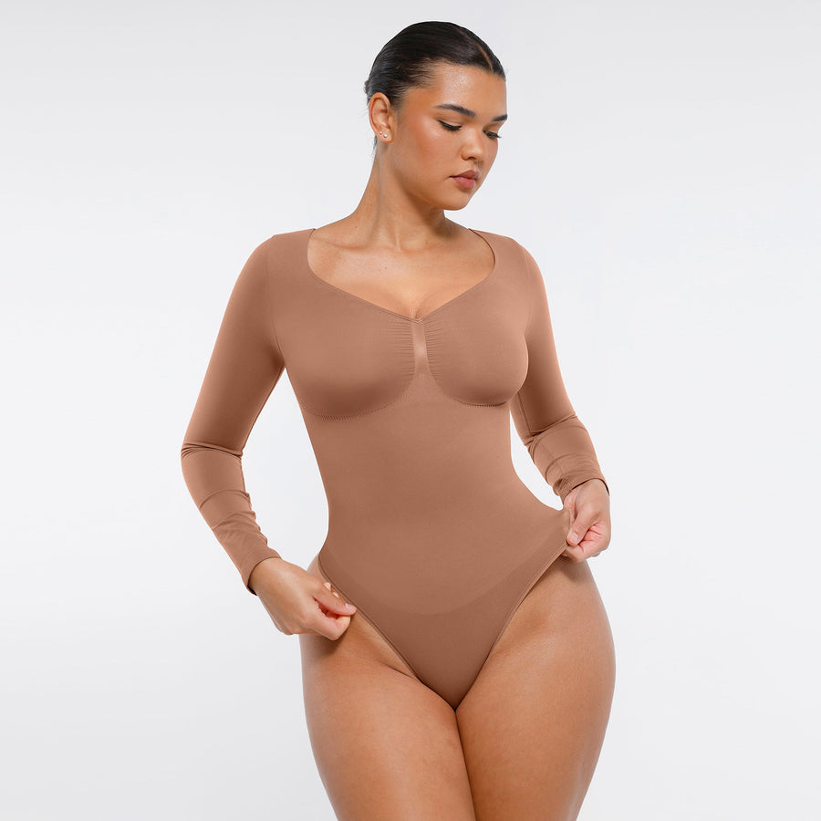 Marcella - Naadloze Lange Mouw Body met String, Borstondersteuning & Buikcontrole - Bella Fit™