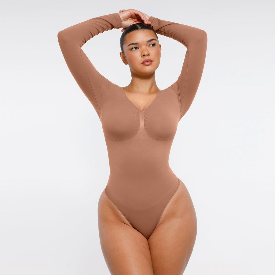 Marcella - Naadloze Lange Mouw Body met String, Borstondersteuning & Buikcontrole - Bella Fit™